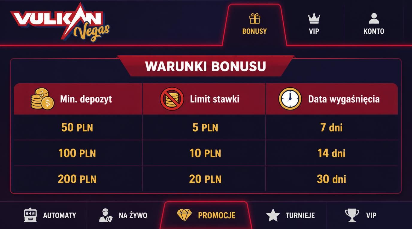 Grafika tabeli warunków bonusowych z ikonami depozytów i stawek