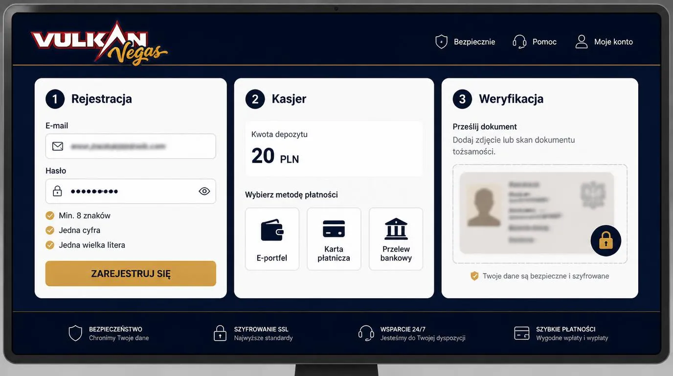 Panel kasyna z formularzem rejestracji, kasjerem z depozytem 20 PLN i sekcją weryfikacji tożsamości