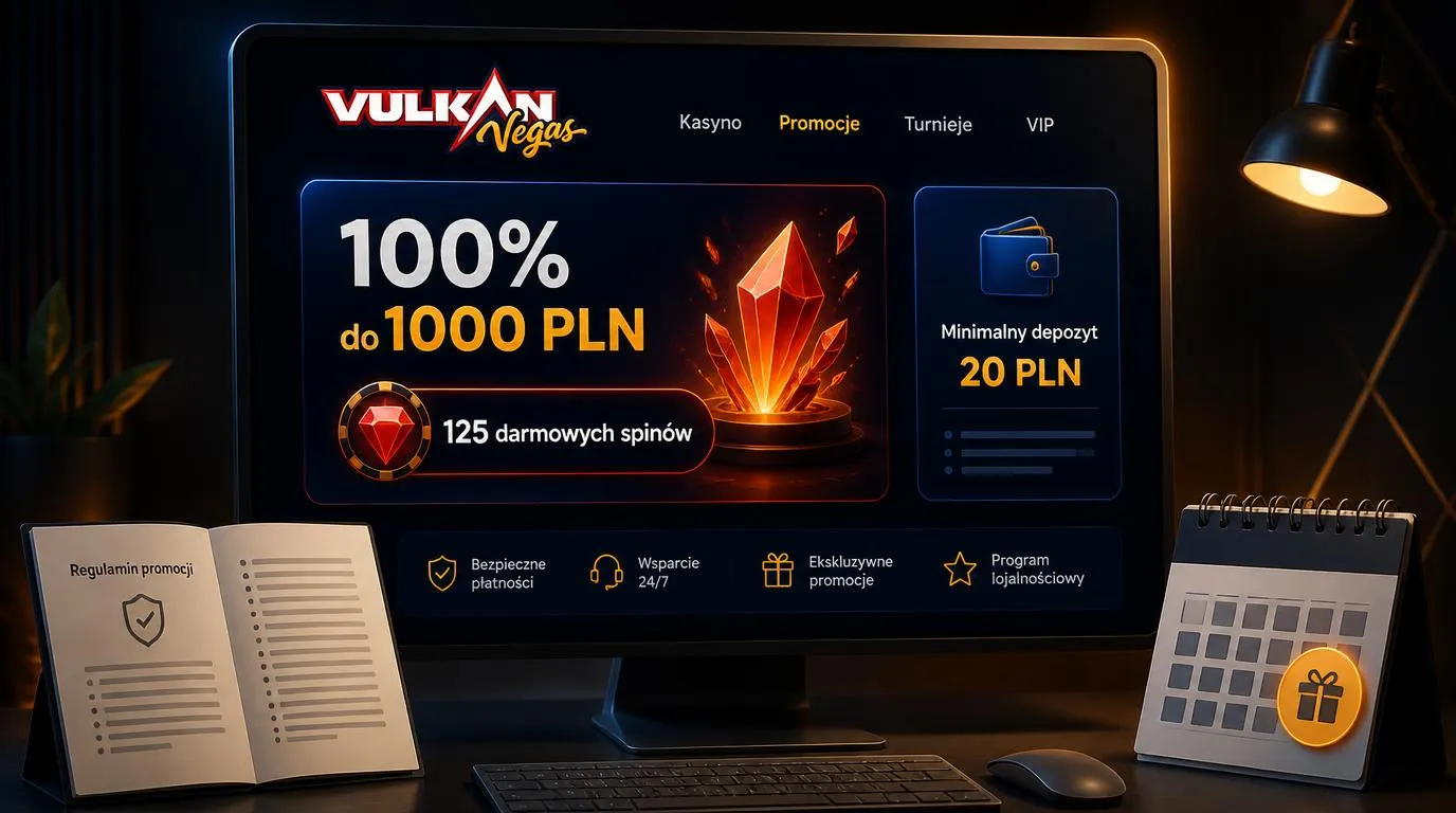 Panel bonusu powitalnego 100% do 1000 PLN i 125 darmowych spinów obok informacji o depozycie 20 PLN